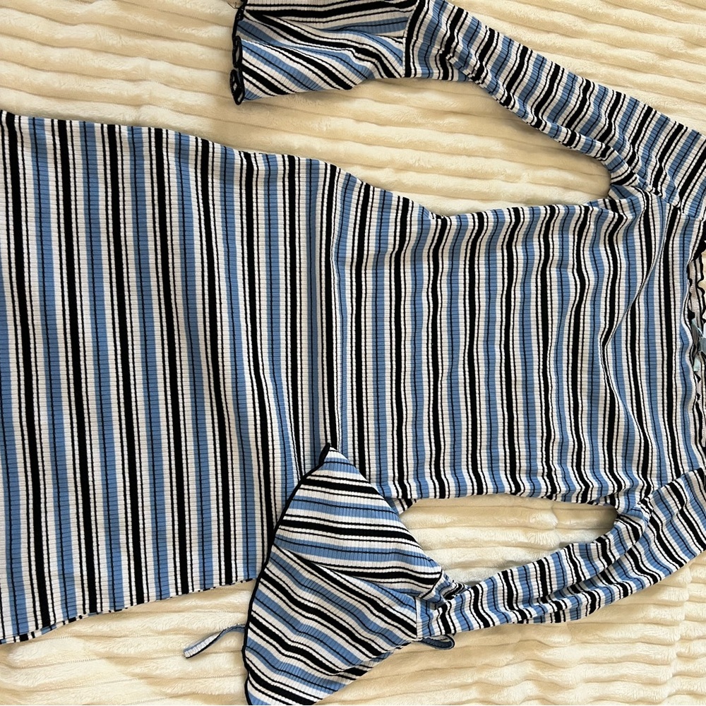 Striped Blue and White Women's dress new with tags bell sleeves 70s boho